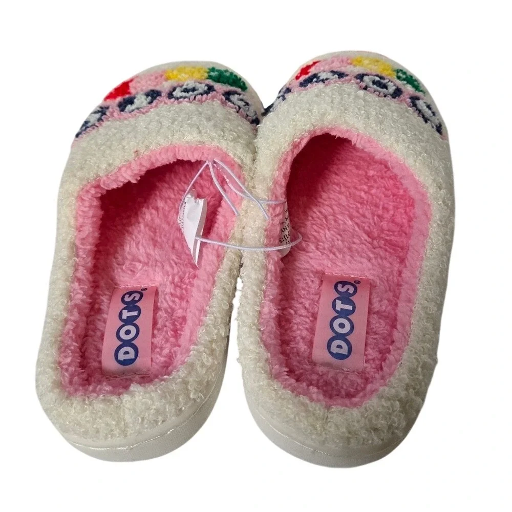 Dots Candy Plush Slippers Youth Large 3-4 Cozy Indoor Outdoor‎ Hard Sole